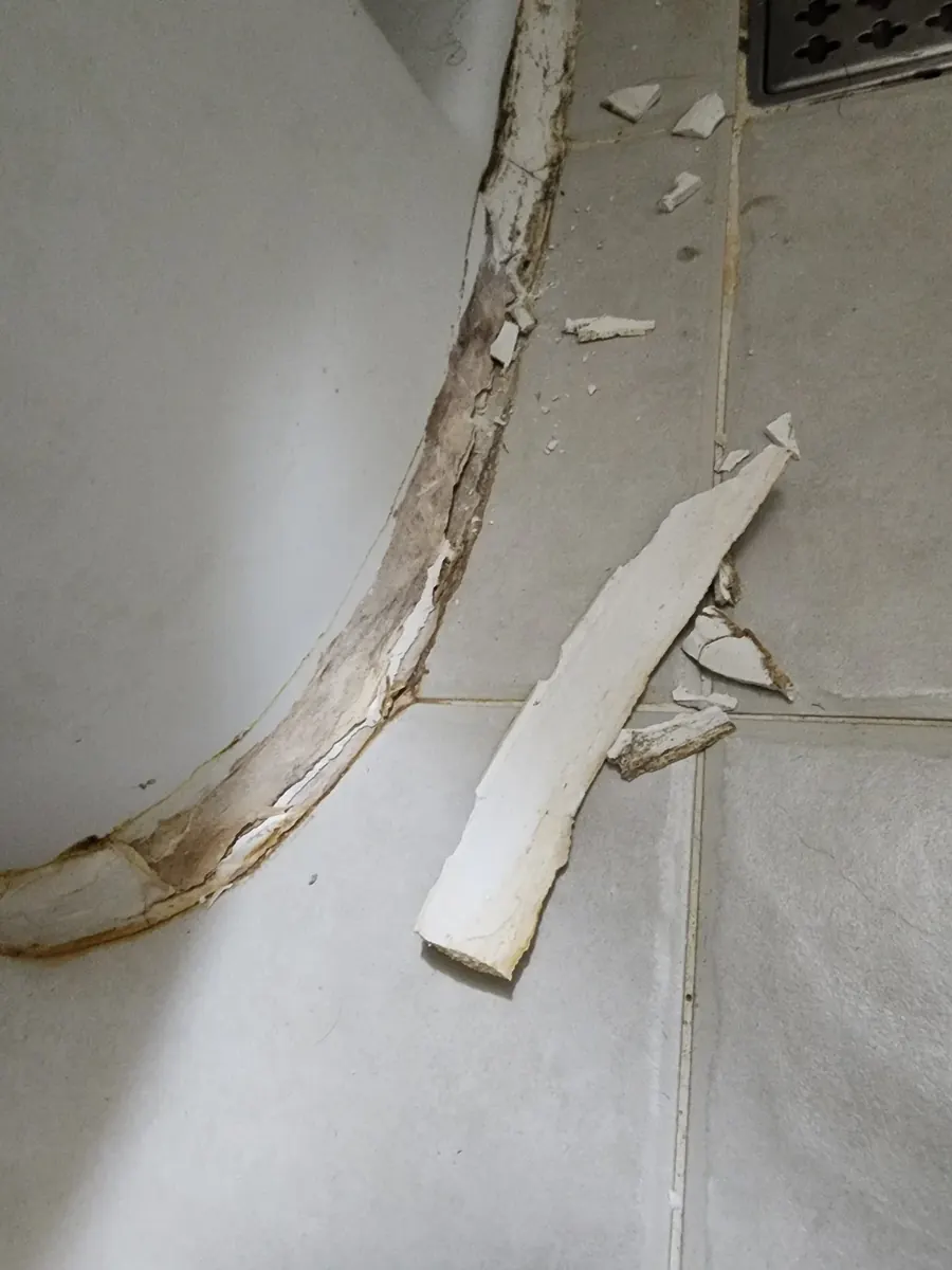변기 테두리 실리콘 — 떼어낸 두꺼운 백시멘트 조각